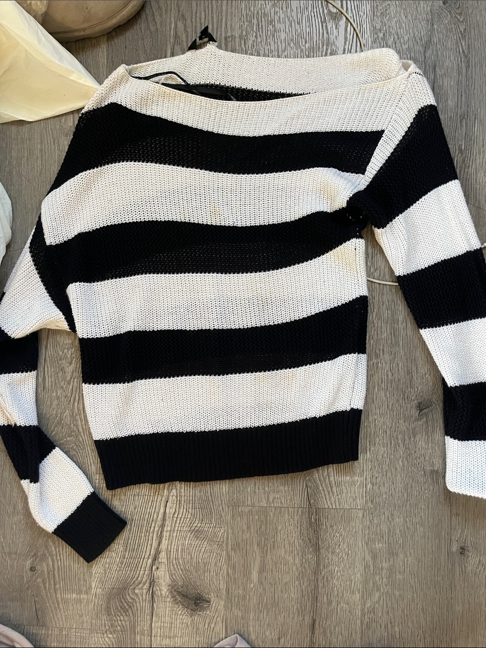 G by Guess Black and White Striped Off-the-Shoulder Sweater